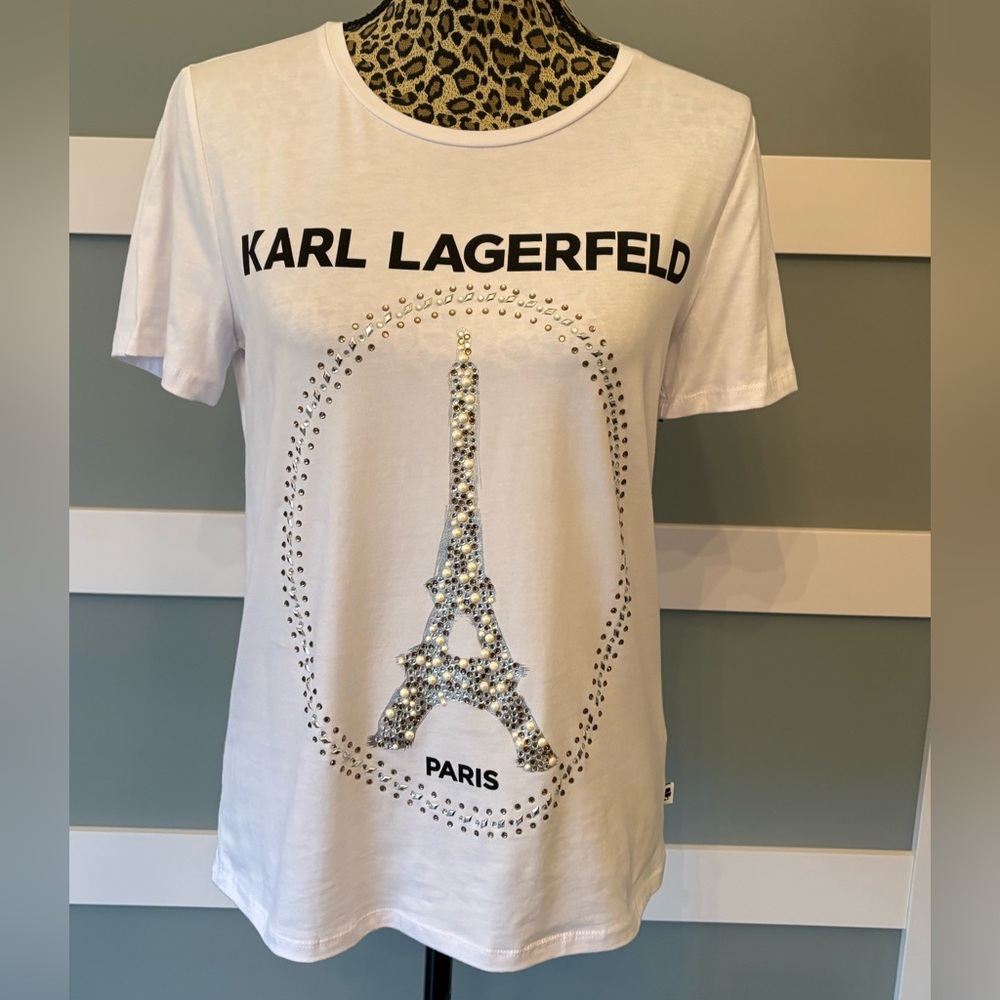 Karl Lagerfeld White Short Sleeve Tee with Eiffel Tower Design